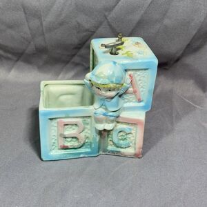 Vintage Blue ABC Baby Lullaby Music Box Planter Nancy Pew Giftwares Rock-a-Bye